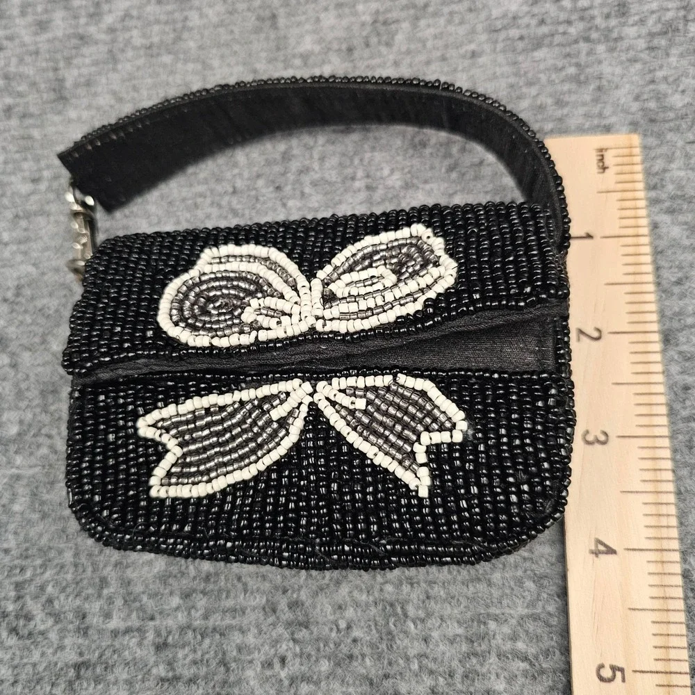 Kelly & Katie Women Beaded Mini Bag Bow Design Boho Crescent Satchel Black Small